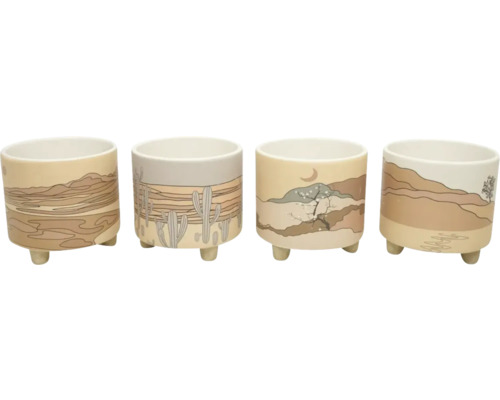 Patru ghivece din ceramică cu motive de deșert și picioare mici