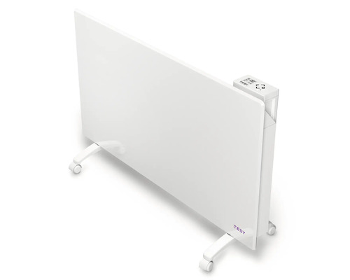 Radiator alb cu roți și afișaj digital