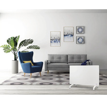 Camera de zi cu radiator, canapea, fotoliu, plantă și decorațiuni