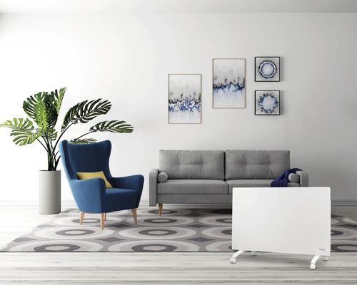 Camera de zi cu radiator, canapea, fotoliu, plantă și decorațiuni