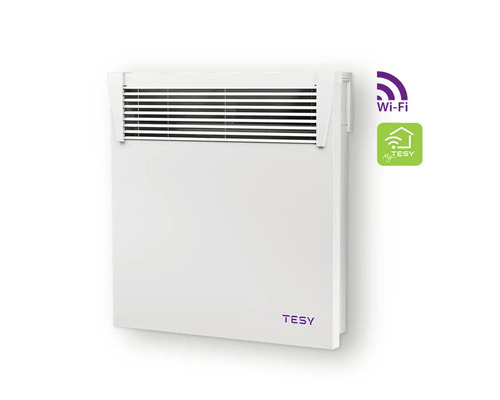 Convector de perete alb cu sigla Tesy, simbolul wifi și simbolul MyTesy