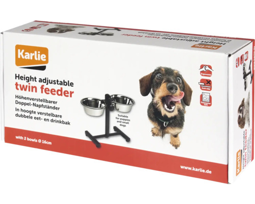 Karlie suport dublu reglabil pe înălțime într-un ambalaj cu o imagine a unui teckel.