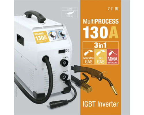 Aparat de sudură multiproces 130A cu tehnologie invertor pentru sudare MIG/MAG, fără gaz și electrozi MMA