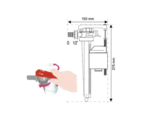 Desen tehnic al unei supape cu flotor cu dimensiunile de 150 milimetri și 275 milimetri