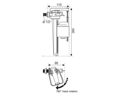 Desen tehnic al unei supape de umplere a rezervorului cu dimensiuni