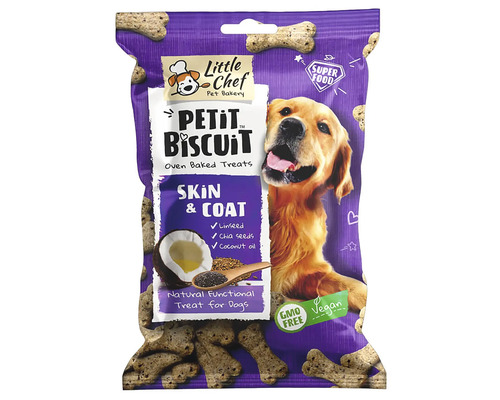 Recompensă pentru câini Petit Biscuit Skin & Coat cu semințe de in, semințe de chia și ulei de cocos 150 g