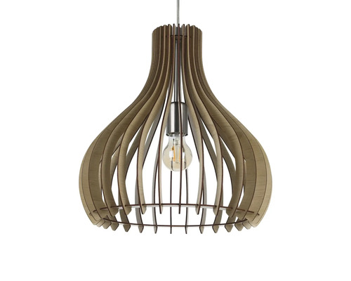 Lampa suspendată din lemn cu design decorativ și bec central.