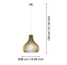 Lumină suspendată din lemn cu dimensiunile de 130 cm înălțime și 38 cm diametru