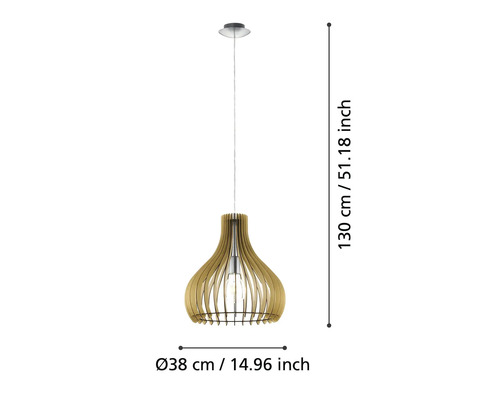 Lumină suspendată din lemn cu dimensiunile de 130 cm înălțime și 38 cm diametru