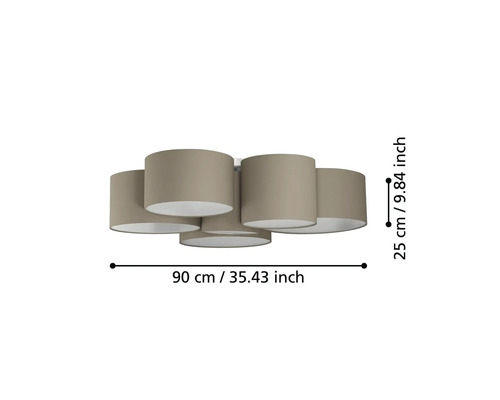 Lumină de plafon cu cinci abajururi, diametru 90 centimetri, înălțime 25 centimetri