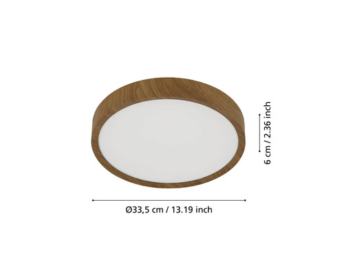 Plafonieră rotundă cu aspect de lemn cu dimensiunile de 33,5 cm diametru și 6 cm înălțime