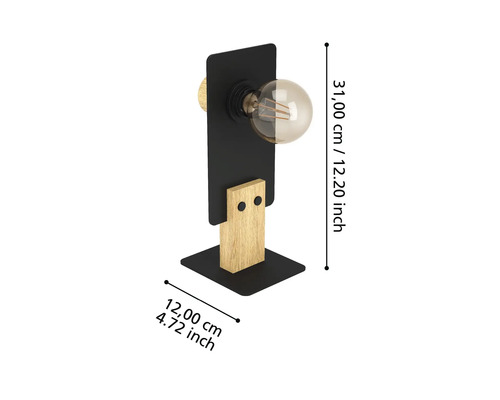 Lampă de masă din metal și lemn cu dimensiunile de 31 x 12 centimetri