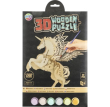 Puzzle 3D din lemn Moxy Unicorn, 30 de piese, inclusiv șase culori și o pensulă