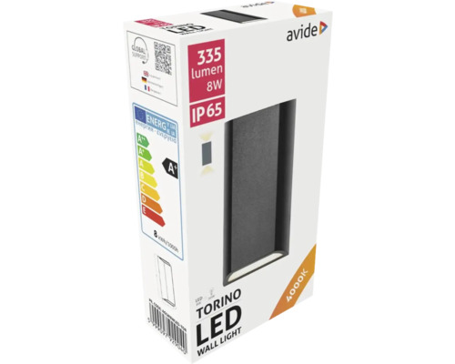 Ambalajul unei lămpi de perete cu LED Avide Torino cu 335 lumeni și 8 wați