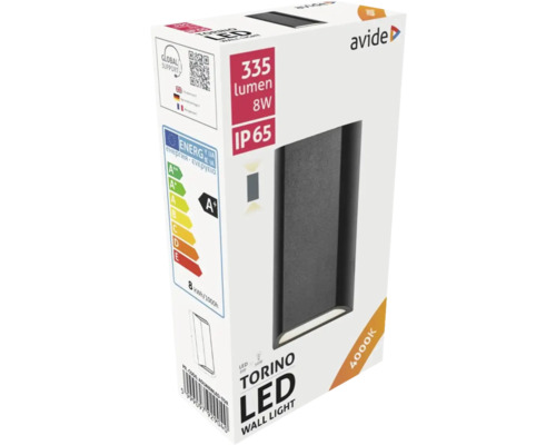 Ambalajul unei lămpi de perete cu LED Avide Torino cu 335 lumeni, 8 wați și grad de protecție IP65