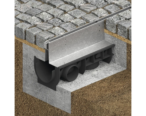 Secțiune transversală a unui canal de drenaj încorporat pentru suprafețe pavate