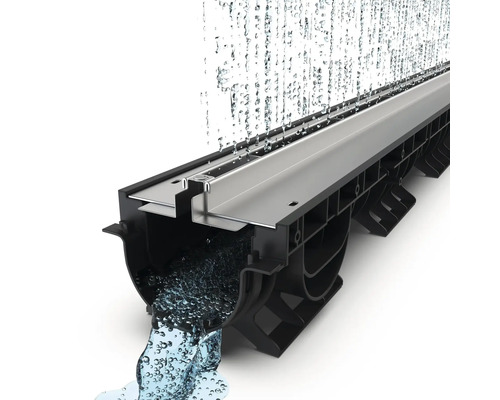 Apa curge printr-o rigolă de duș din oțel inoxidabil cu carcasă neagră