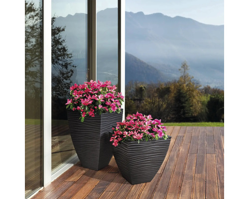 Două jardiniere texturate cu plante pe o terasă