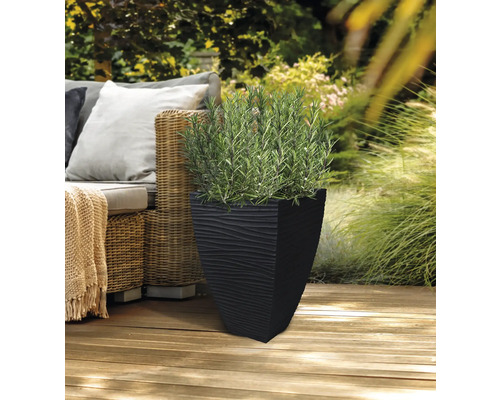 Jardinieră neagră cu model texturat și plantă verde pe o terasă de lemn