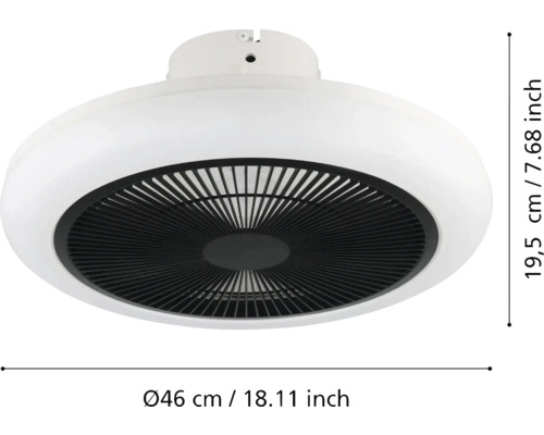 Ventilator de tavan cu diametrul de 46 cm și înălțimea de 19,5 cm.