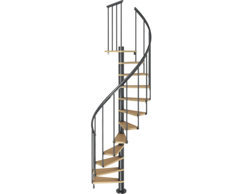 Scară spiralată cu balustradă metalică și trepte din lemn