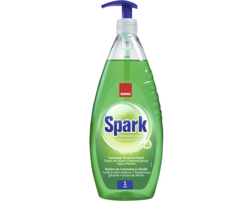 Detergent lichid vase Sano Spark Castravete 1L Detergent de vase cu parfum de castraveți și lămâie în sticlă de 1 litru