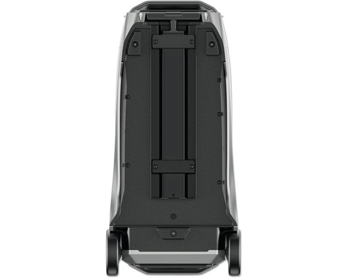 Vedere din spate a unui aspirator negru cu roți