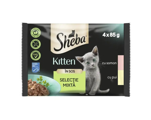 Hrană umedă pentru pisici Sheba Kitten Selecție mixtă cu somon și pui în sos 4x85 g