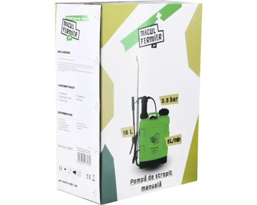 Ambalajul unui pulverizator de spate de 16 litri cu o presiune de 3,5 bari și un debit de 5 litri pe minut