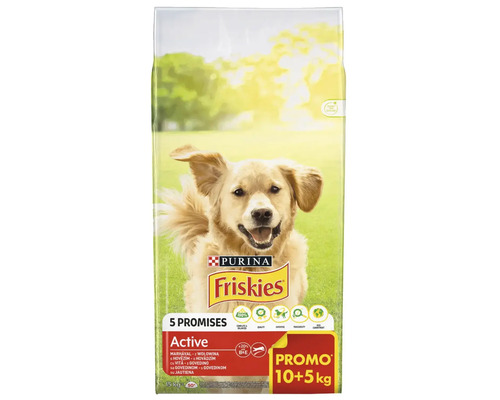 Hrană uscată Purina Friskies Active pentru câini, 15 kilograme plus 5 kilograme