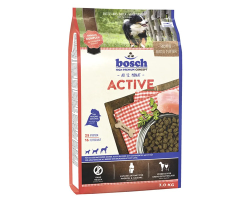 Hrană uscată pentru câini Bosch Adult Active cu pasăre 3 Kg Hrană uscată Bosch Active pentru câini începând cu vârsta de douăsprezece luni, în ambalaj de 3 kilograme