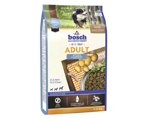 Hrană uscată pentru câini Bosch Adult cu pește și cartofi 3 kg Mâncare pentru câini adulți Bosch cu pește și cartofi, 3 kilograme
