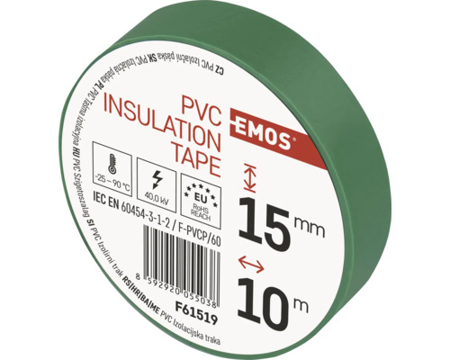 Bandă izolatoare PVC Emos 15mm x 10m, 40KV UV verde Bandă izolatoare verde cu o lățime de 15 milimetri și o lungime de 10 metri