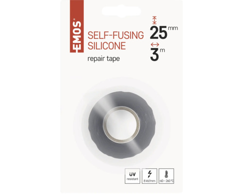 Sigla Emos, bandă de reparații autoamalgamantă din silicon, 25 milimetri pe 3 metri, rezistentă la UV, 8 kilovolți pe milimetru, -60 până la 260 grade Celsius