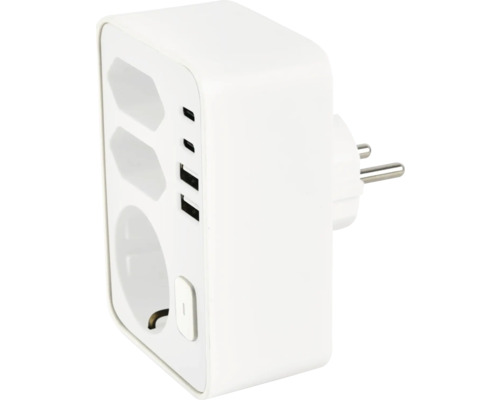 Adaptor priză Gelux 1 priză cu împământare, 2xEuro 2xUSB C 2xUSB A, 16 A alb, cu întrerupător