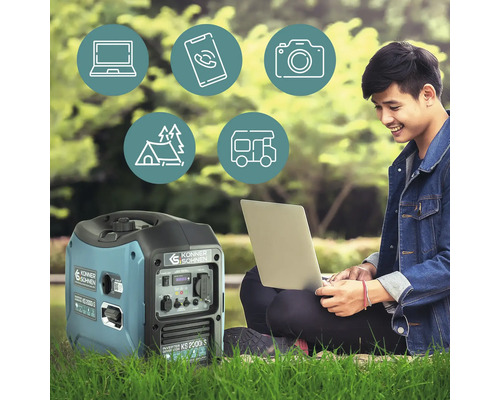 Scenă cu un generator portabil Konner Sohnen care alimentează laptopuri, telefoane, camere foto, echipamente de camping și rulote