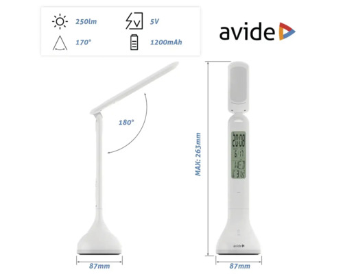 Lampă de birou albă cu afișaj digital și detalii tehnice