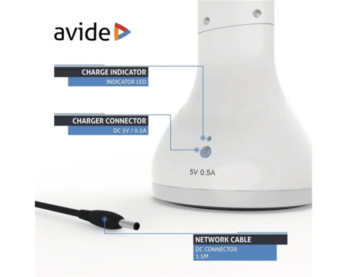 Detalii ale unui încărcător alb cu indicator de încărcare, conector de încărcare și cablu de rețea