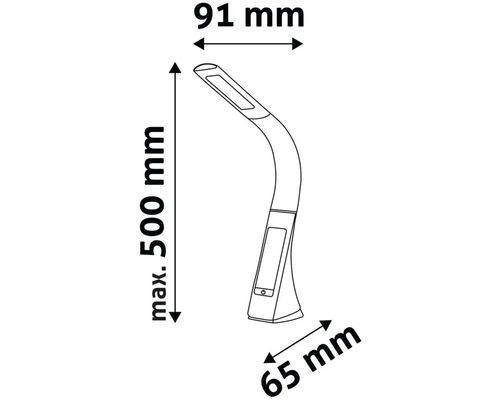 Desen tehnic al unei lămpi de birou cu dimensiunile de 91 mm, 500 mm și 65 mm.