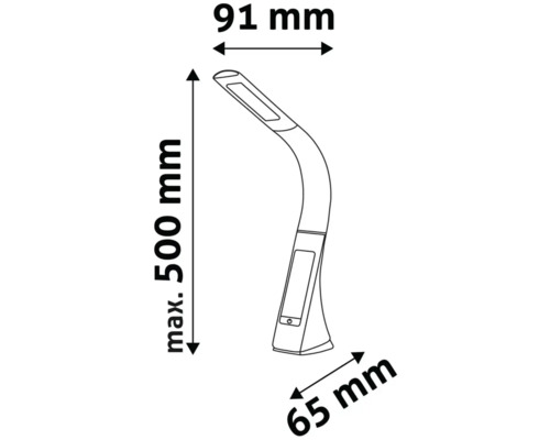 Dimensiunile unei lămpi de birou: înălțime maximă 500 mm, lățimea capului lămpii 91 mm, adâncimea bazei 65 mm