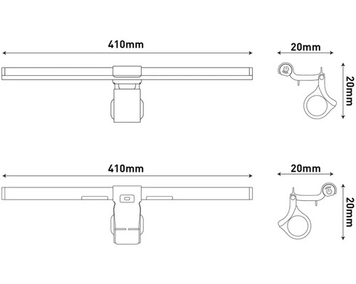 Desen tehnic al unei lămpi de birou cu dimensiunile de 410 mm lungime și 20 mm lățime