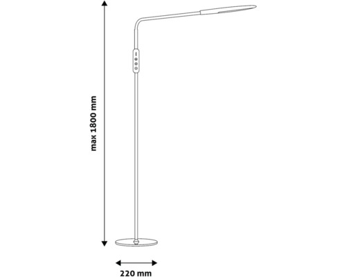Desen tehnic al unei lămpi de podea cu o înălțime maximă de 1800 milimetri și un diametru de 220 milimetri.