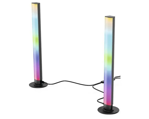 Două bare de lumină LED cu efecte de lumină colorate pe socluri negre.