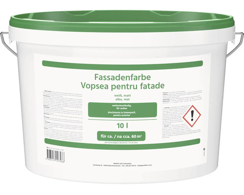 Vopsea de fațadă în găleată de zece litri, albă și mată, pentru aproximativ 60 de metri pătrați cu un singur strat