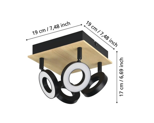 Lumină de plafon cu patru lămpi inelare și detalii din lemn