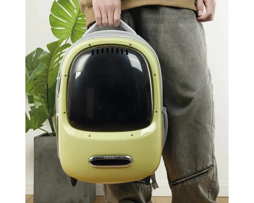Persoană care ține un rucsac verde pentru animale de companie cu fereastră