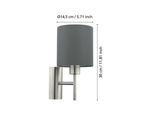 Lampa de perete gri cu dimensiunile de 30 cm înălțime și 14,5 cm diametru