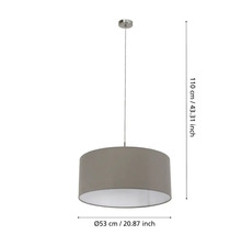 Lampa suspendată gri cu diametrul de 53 centimetri și înălțimea de 110 centimetri.