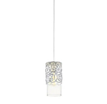 Lumină suspendată cu cilindru transparent și element decorativ metalic
