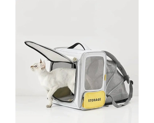 Pisică într-o cușcă de transport gri și albă cu inscripția Storage.